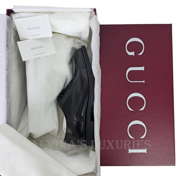 GUCCI SHOES MENS BLACK LEATHER TEMPE CAP OXFORD GG LOGO LINING sz 8 US 8.5 main image 8